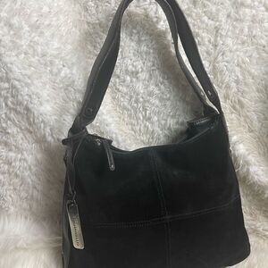 Tignanello leather suede black shoulder bag extended brown suede side zipper.